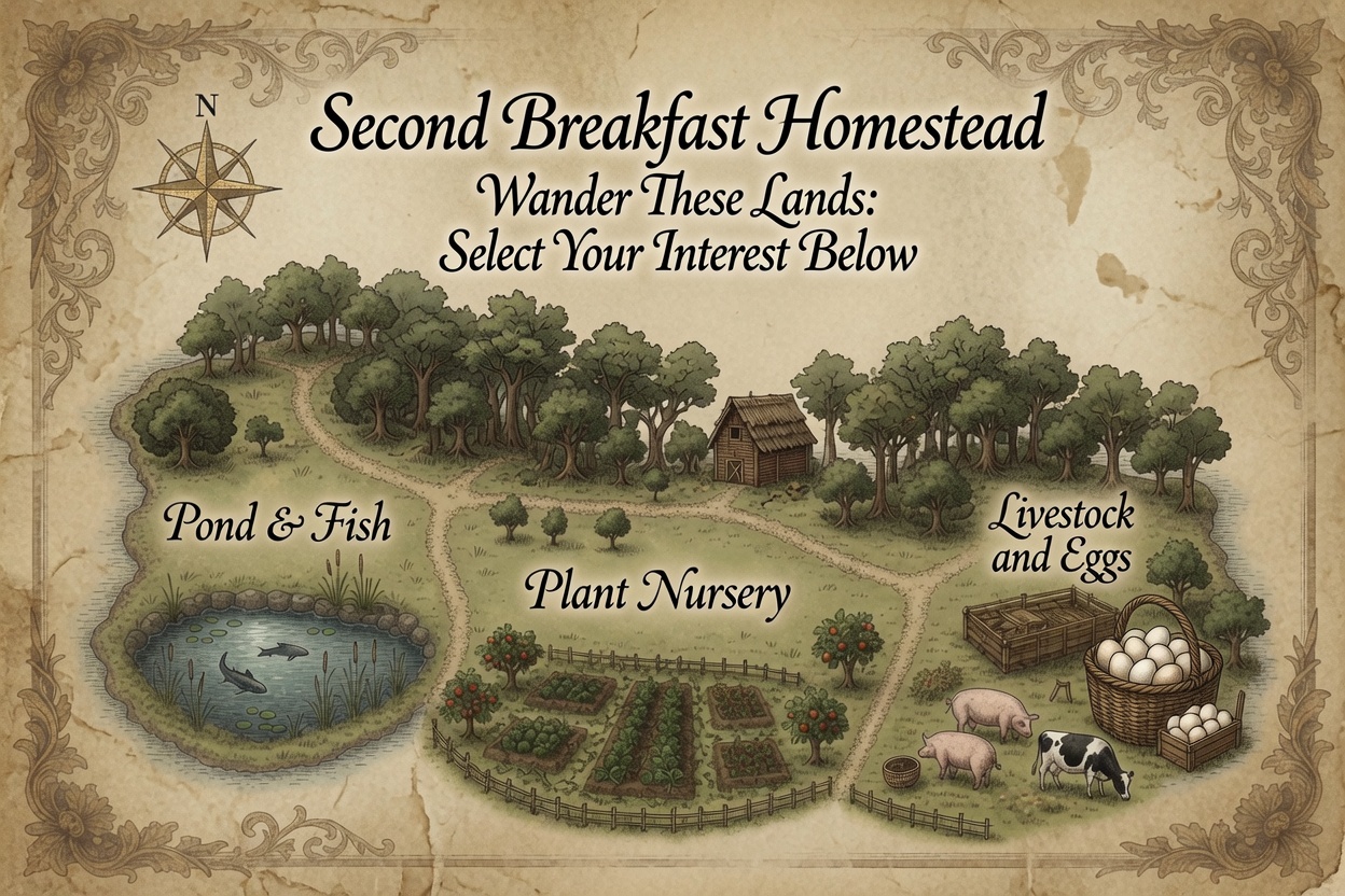 Hand-drawn Tolkien-style map of Second Breakfast Homestead — three regions connected by winding paths: Pond & Fish, Plant Nursery, and Livestock & Eggs. Click a region to explore.